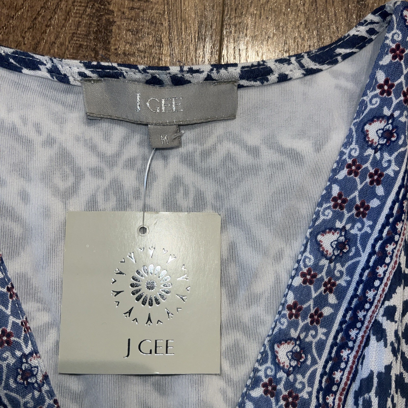 J Gee Navy Blue/White Boho Multi Teared Flutter Short Sleeve Gauzy Peasant Dress
