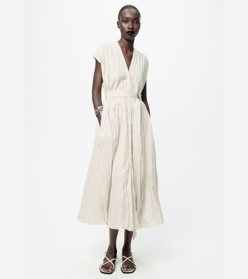 ZARA NEW WOMAN ZW COLLECTION BELTED WRINKLED DRESS BEIGE | 4786/062 SIZE M