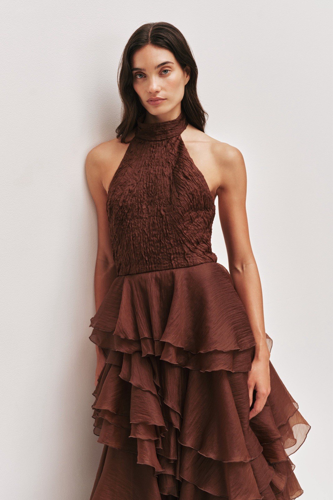 Chocolate Brown Halter Tiered Ruffled Chiffon Maxi Gowns Formal Evening Dresses