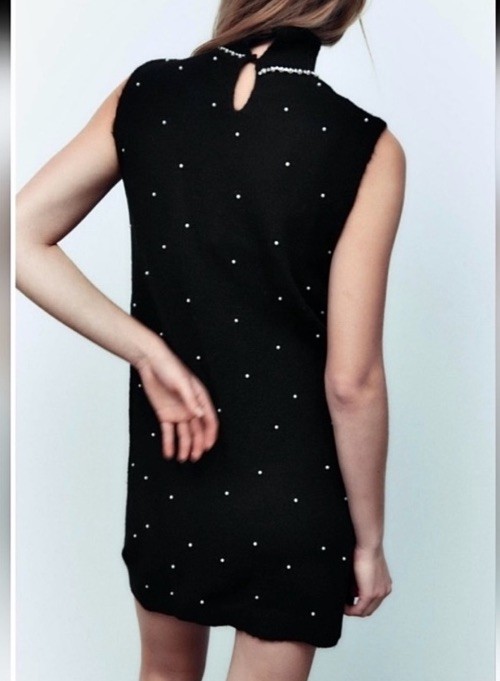 ZARA Pearl Rhinestone Mock Neck Posh Glam Classy Bling Y2K Knit Dress Black L