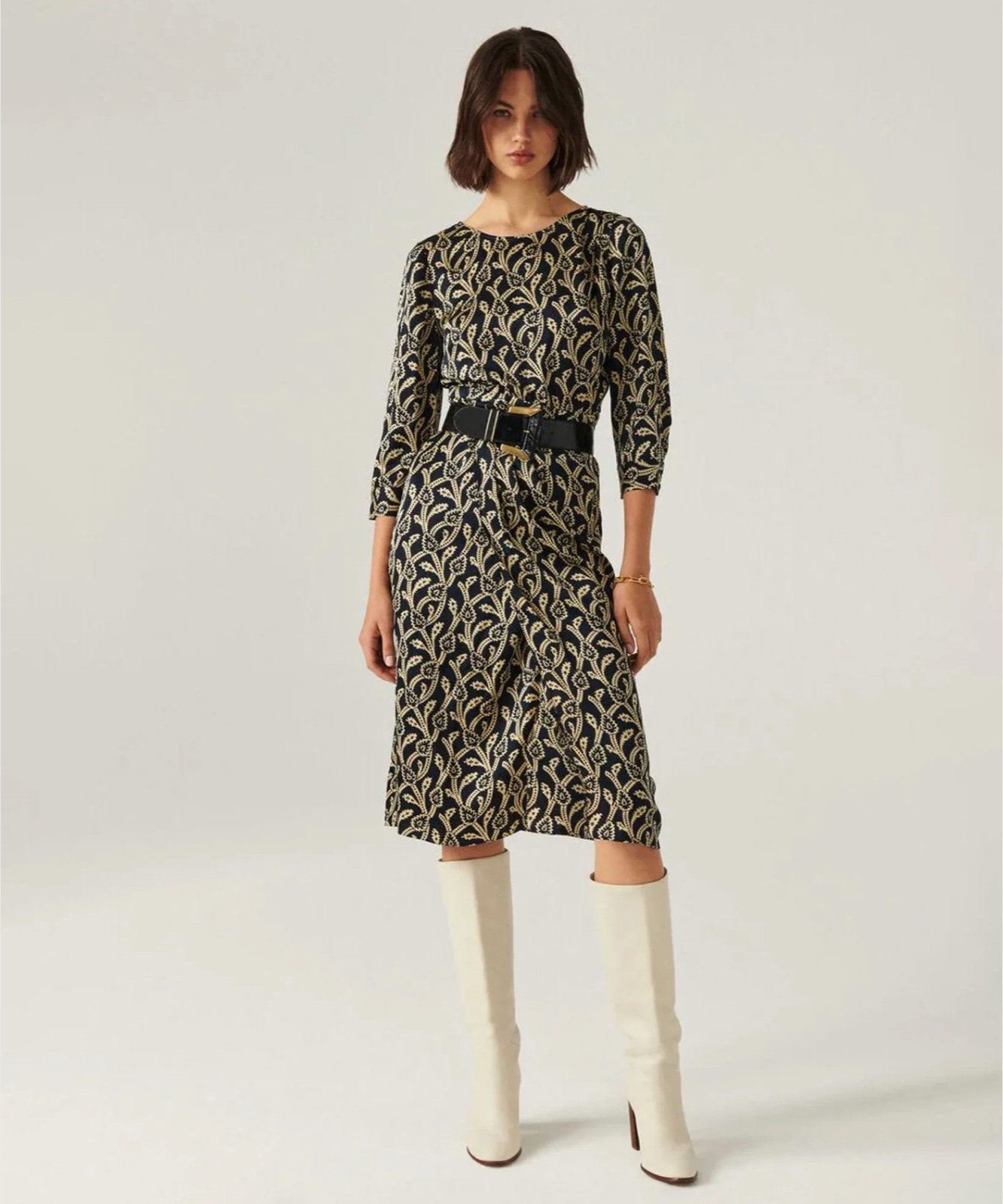 BA&SH Opal Wrap-Effect Navy Cream Paisley-Style Midi Dress RETAIL $425