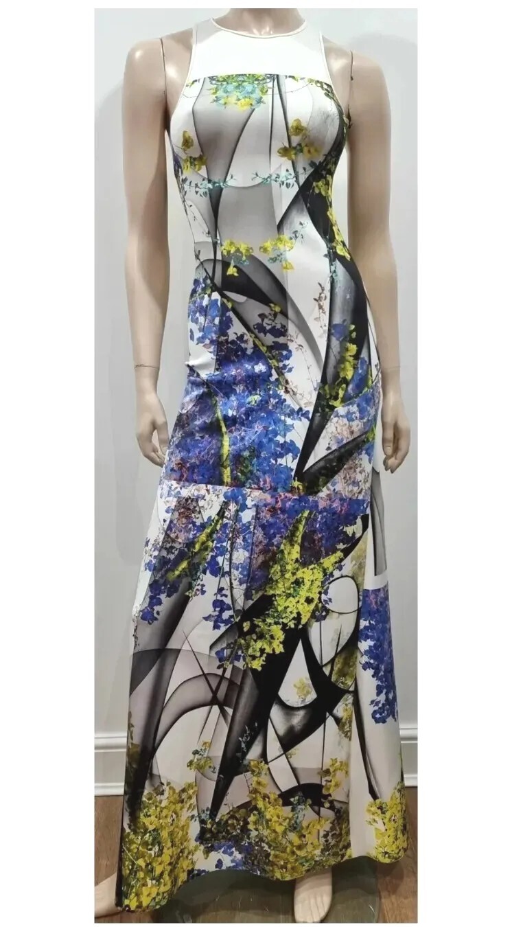 CLOVER CANYON Neoprene Scuba White Black Blue Lime Geo Print A-Line Maxi Dress M