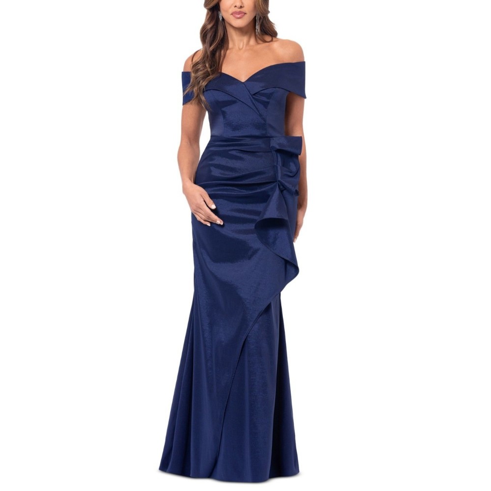 Off The Shoulder Satin Mermaid Formal Dress Navy Blue Ruffle Wedding Guest Gowns