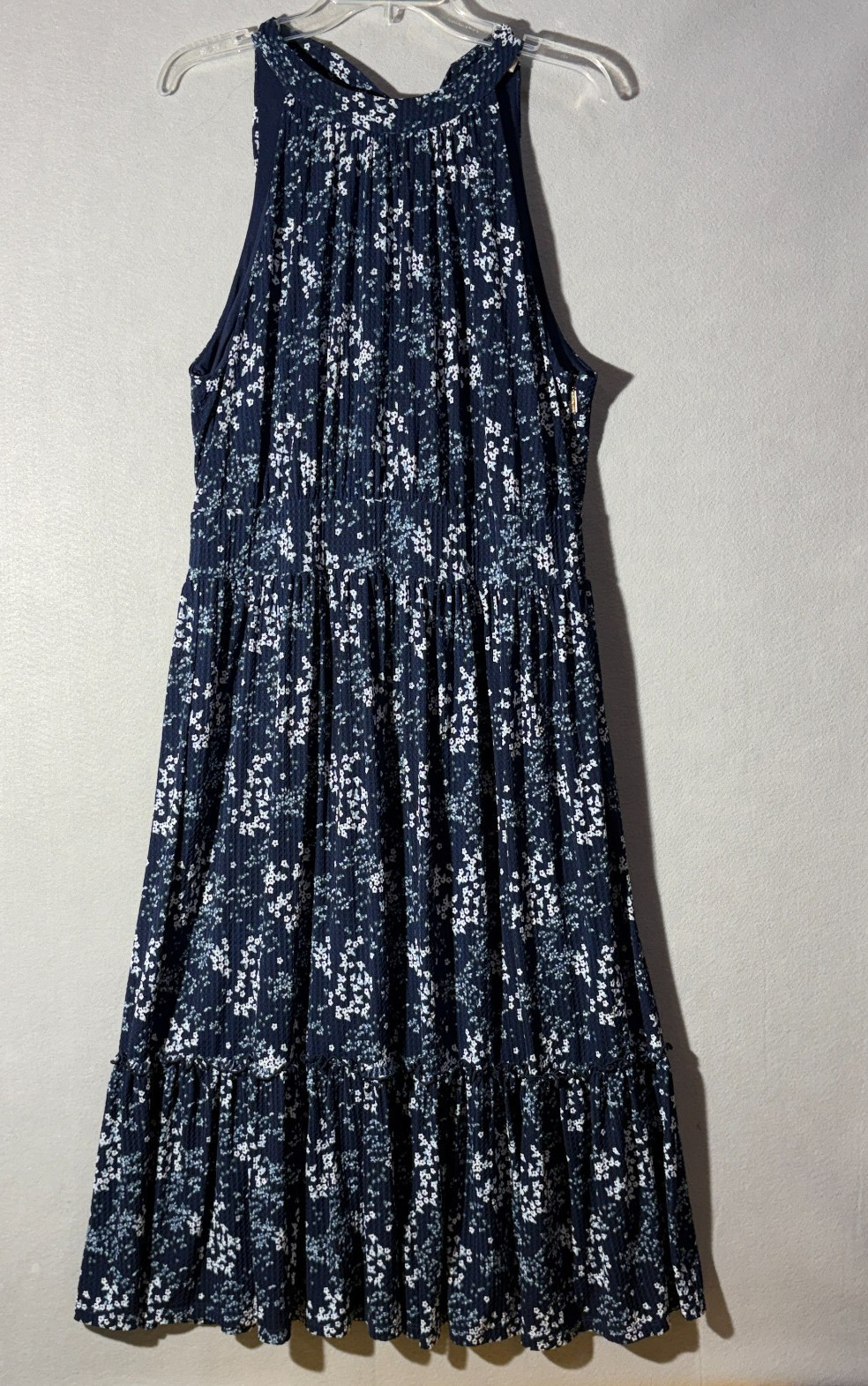 Michael Kors Womens XL Navy Blue Floral Halter Maxi Dress Tiered Smocked Waist