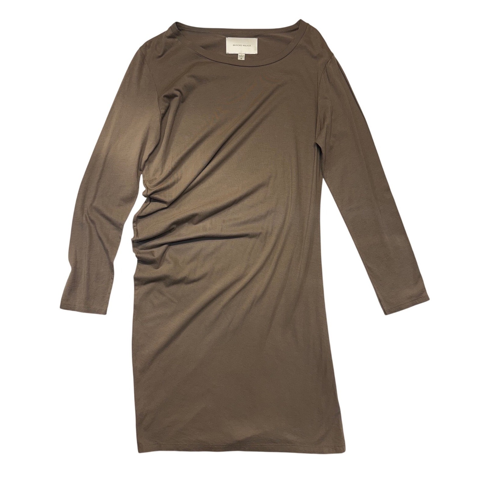Brochu Walker Long Sleeve Draped Cotton Modal Jersey Midi Dress Light Brown M