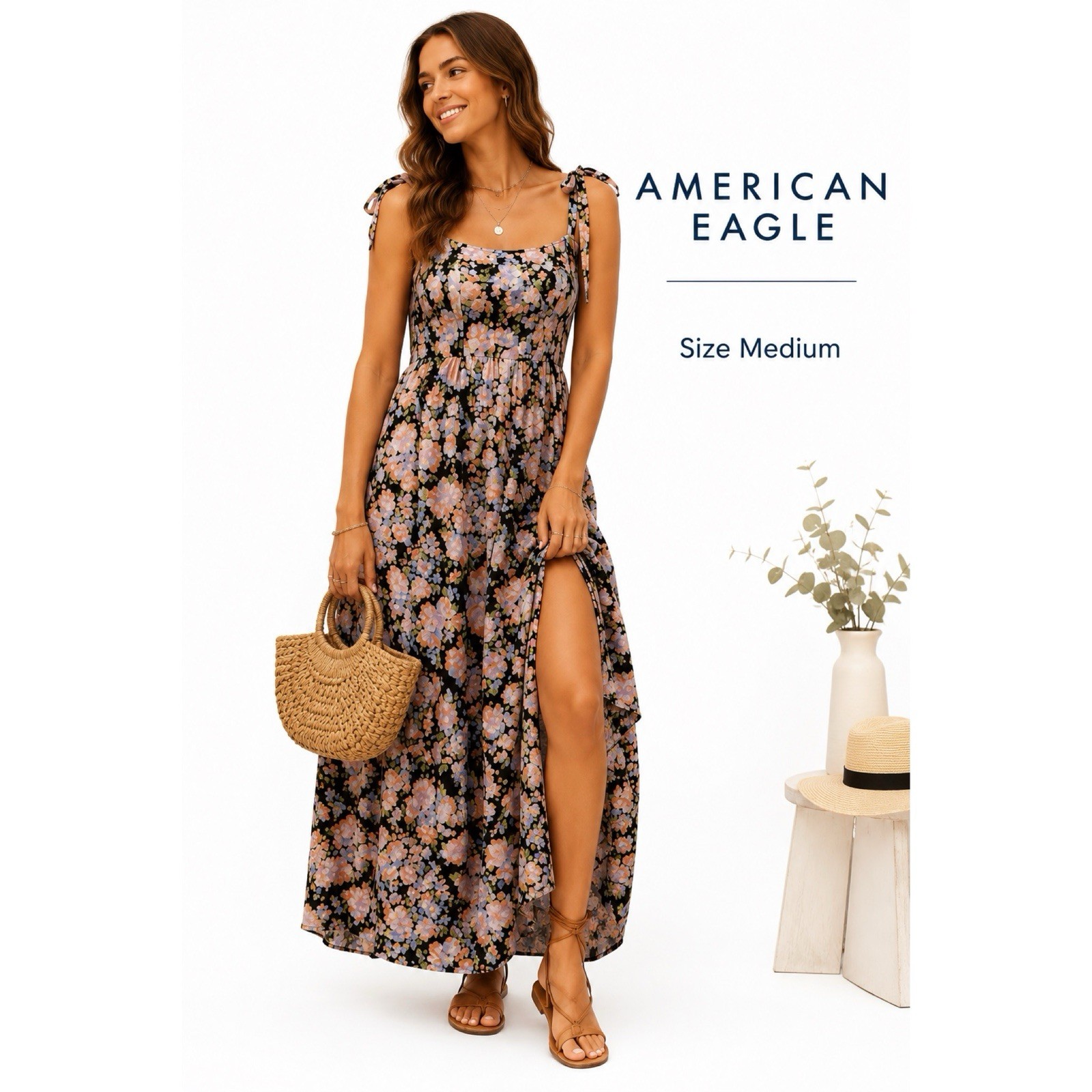 American Eagle Floral Print Corset Maxi Dress Size Medium