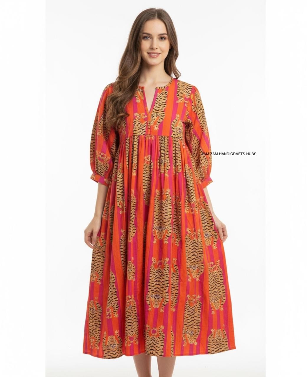 Hand Block Print Dress, Summer Dress, Cotton Maxi Dress, Tiger Print Dress Wear
