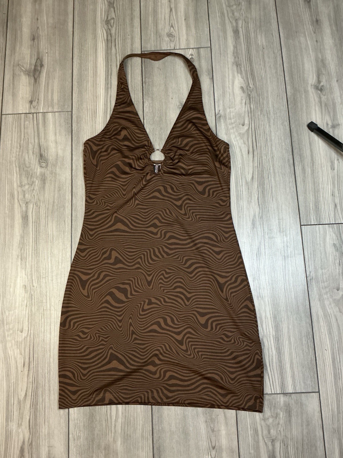 Y2K Brown Swirl Print Halter Mini Dress O-Ring Keyhole Bodycon Backless Club