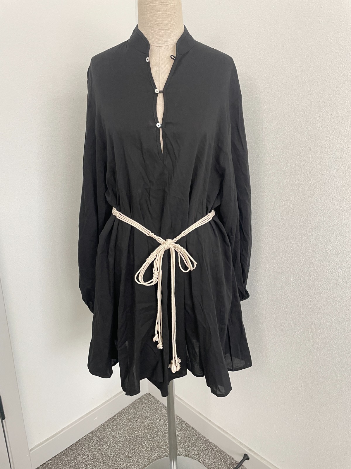 H&M Dress Women S Black Puff Sleeve Braided Rope Belt Mini Resort Puff Sleeve