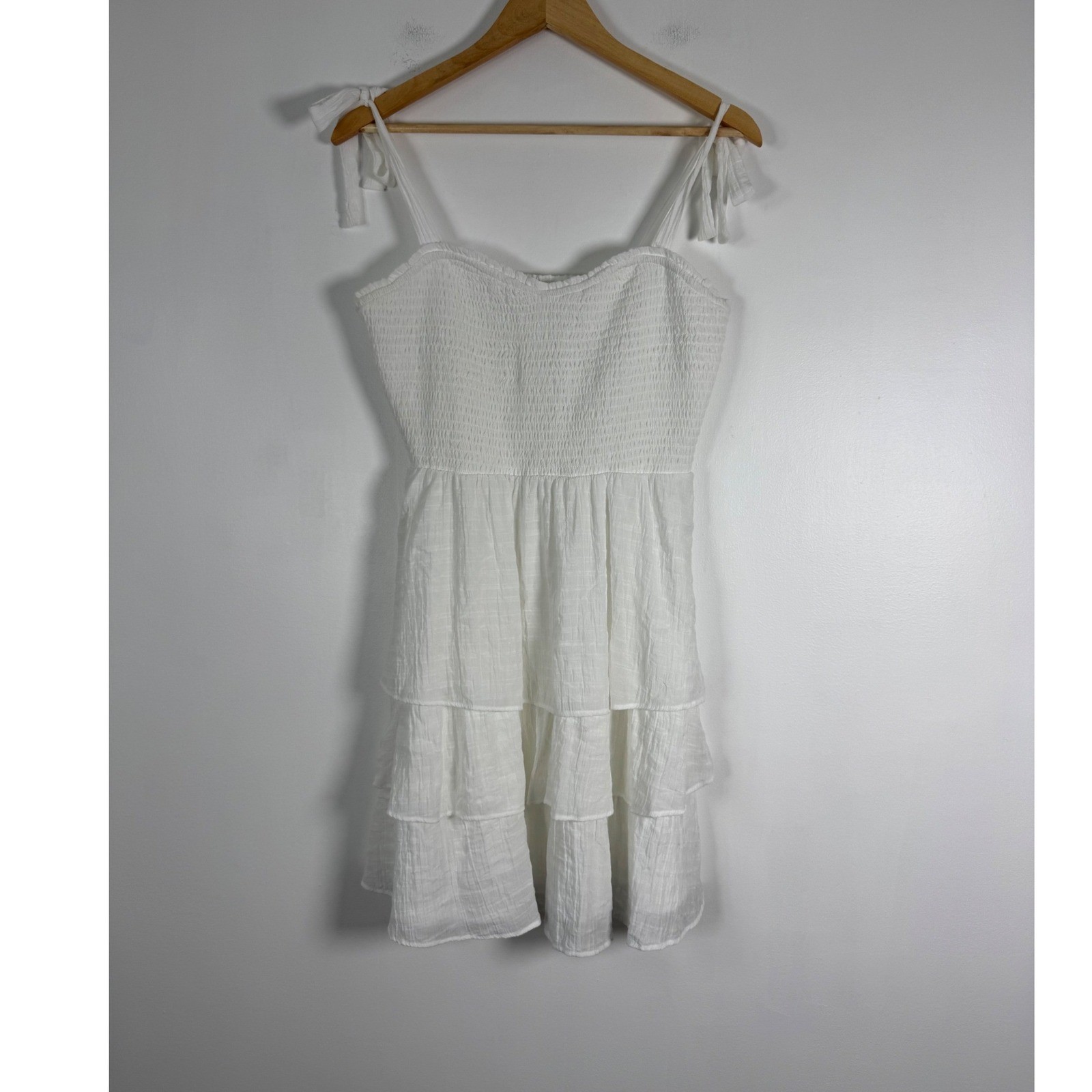 Cottagecore Peach Love California Womens Large Mini Dress White Tiered Smocked