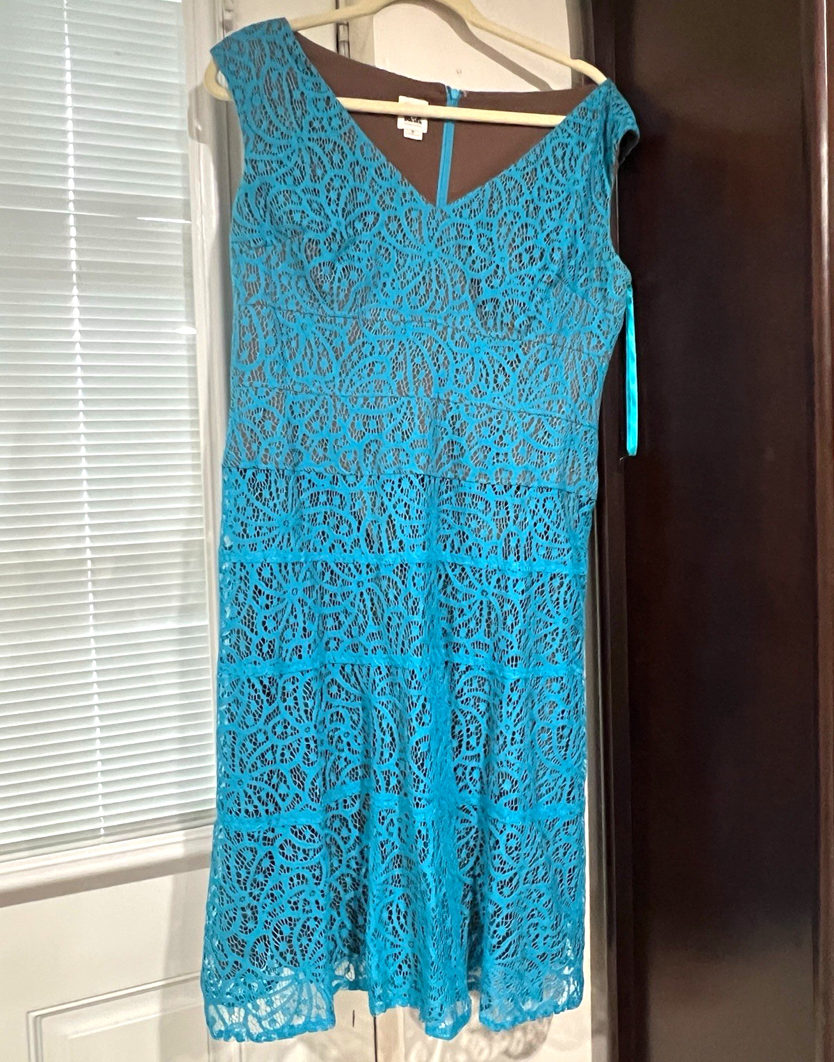 Anne Klein Blue Floral Lace V-Neck Sleeveless Fit & Flare Dress 8 Zip