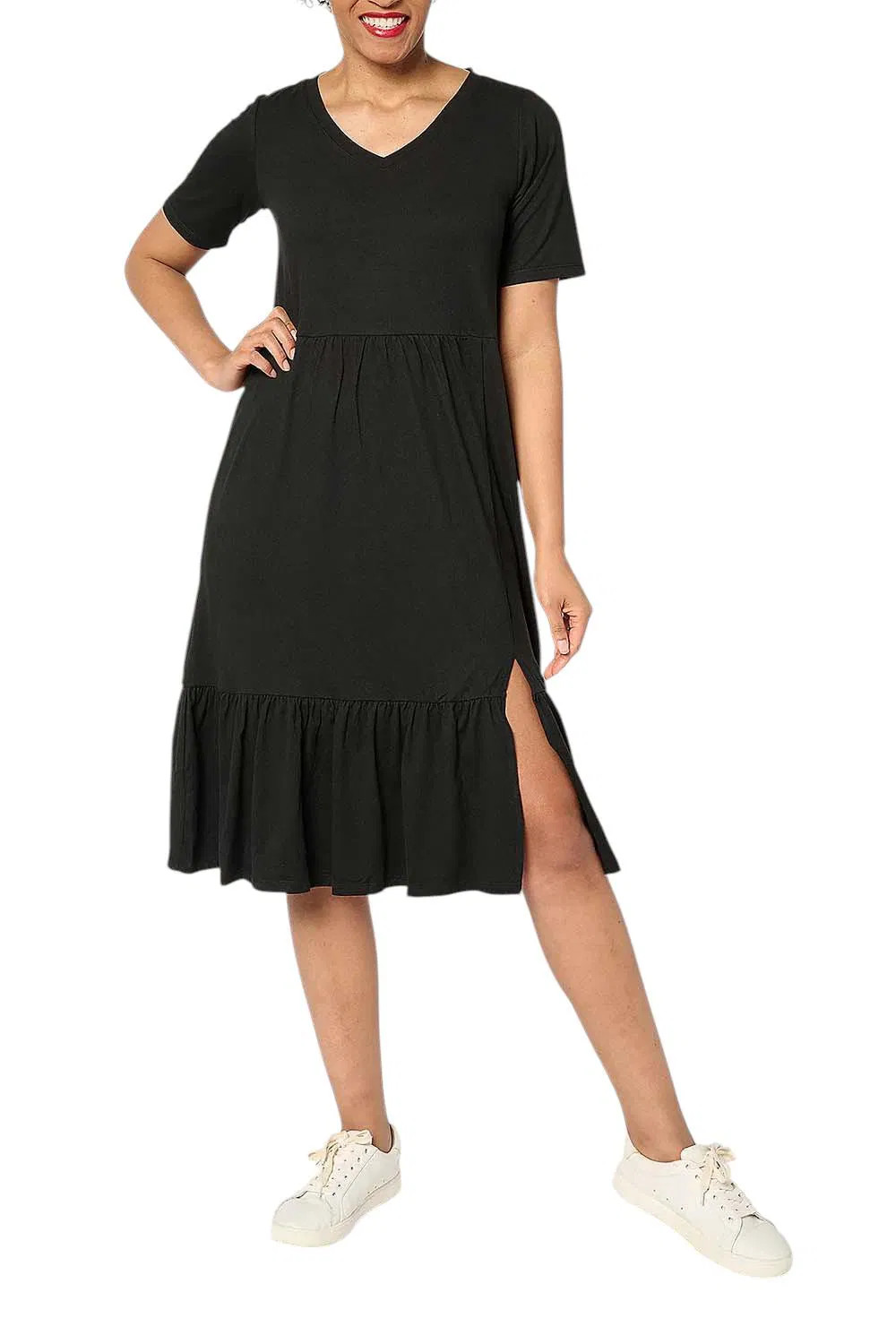 Cuddl Duds Women’s Flexwear Tiered V-neck Midi Dress Black