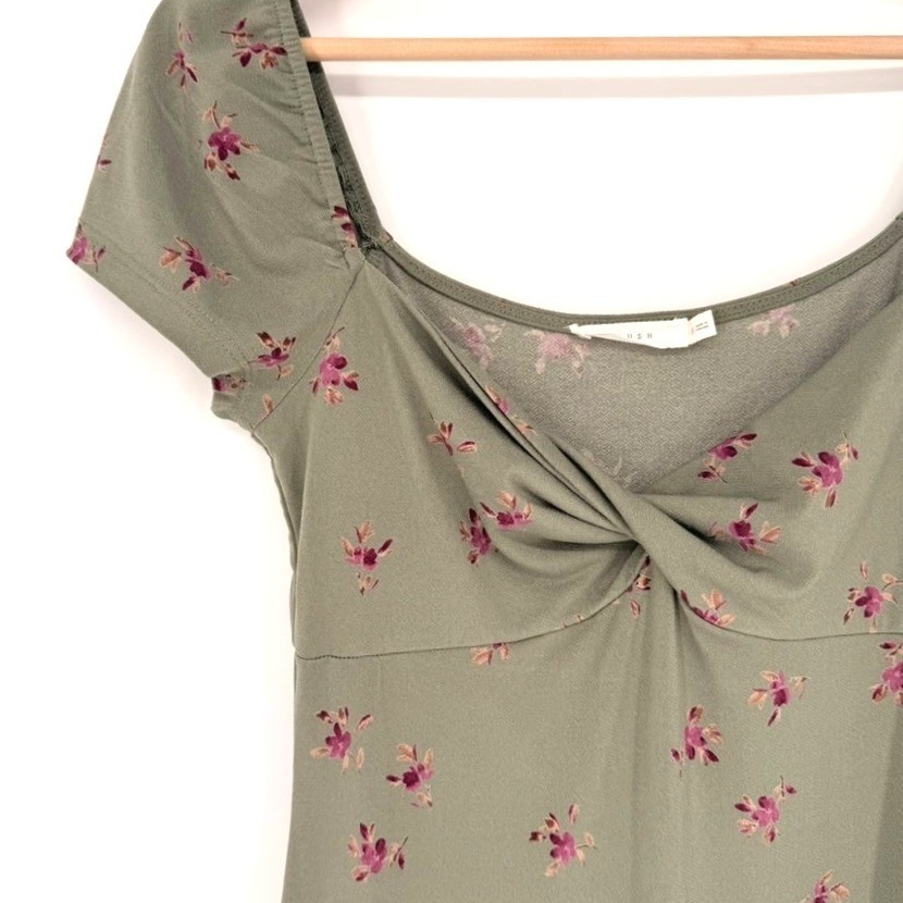 LUSH Sage Green Ditsy Floral Twist Front Sweetheart Dress Small Cottage Coquette