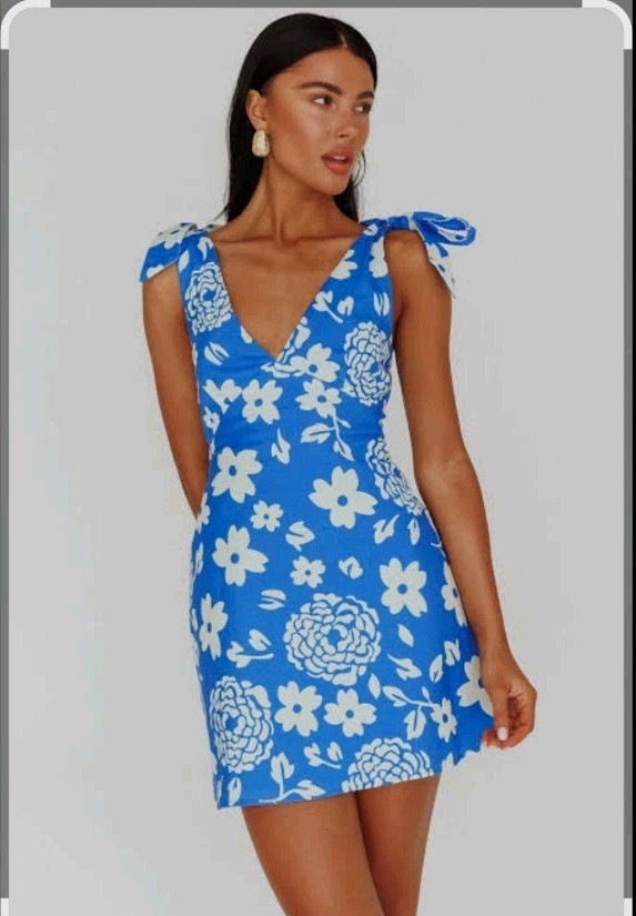 billy j Blue White Floral V-Neck Sleeveless Bow Zip Mini Dress Size 8
