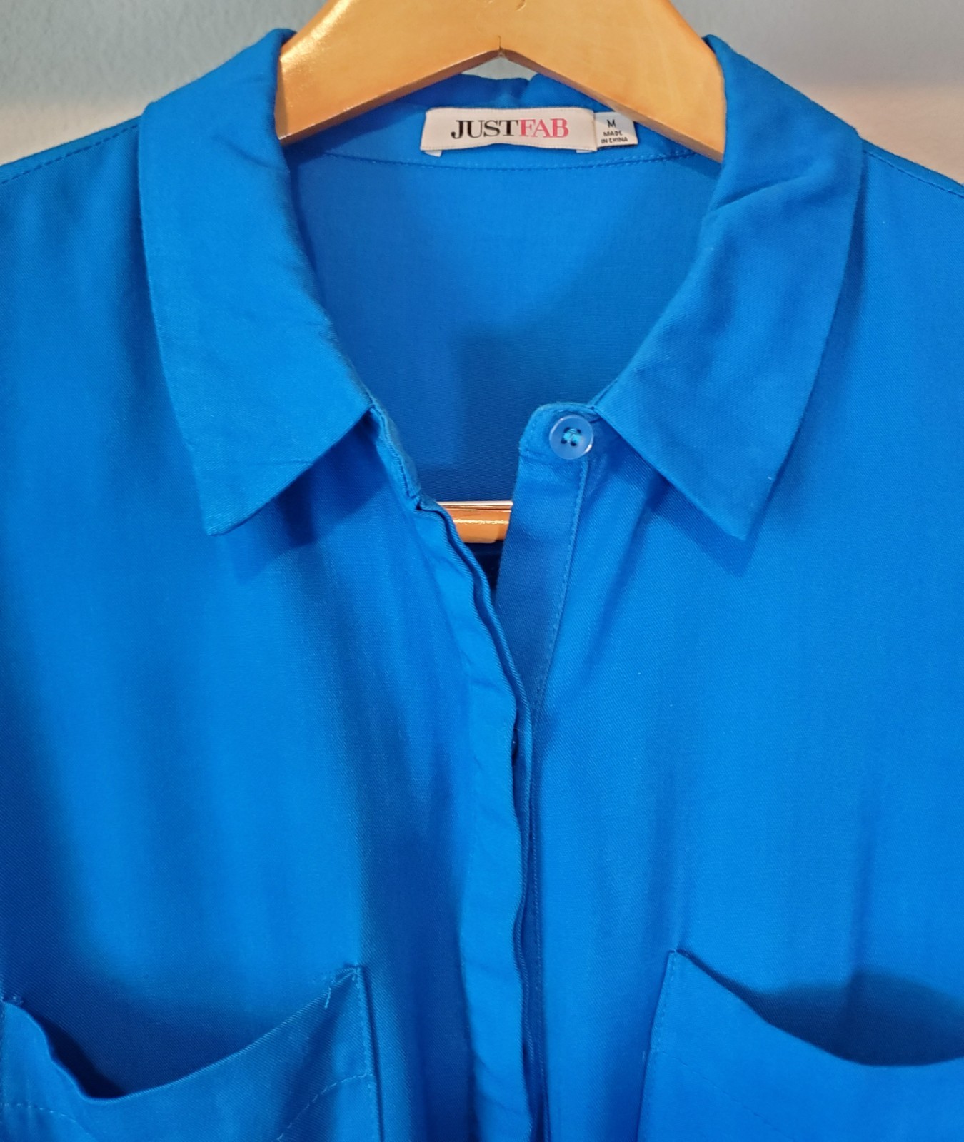 JustFab Blue Shirt Dress M Drawstring Waist Tab Sleeve Rayon Pockets