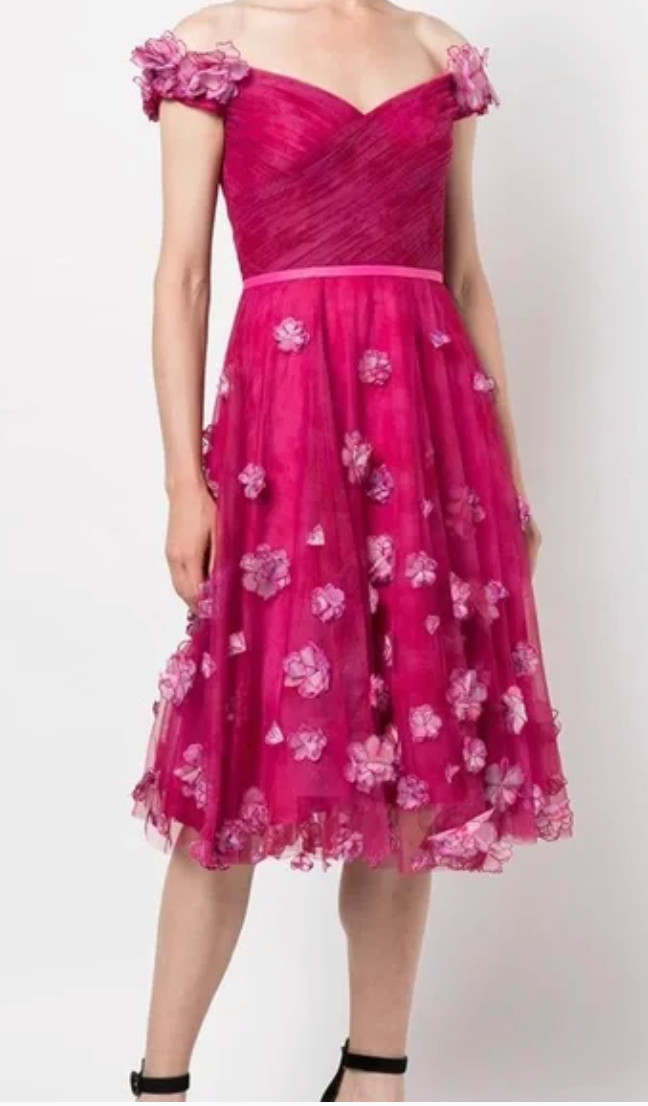 *NEW* Marchesa ~ DRESS Notte Midi 8 ~ Fuchsia tulle floral appliqués & EARRINGS