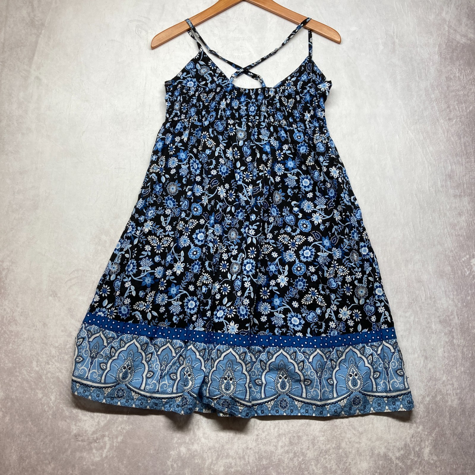 Vintage Y2K Mossimo Dress Large Blue Floral Babydoll Smocked Sundress
