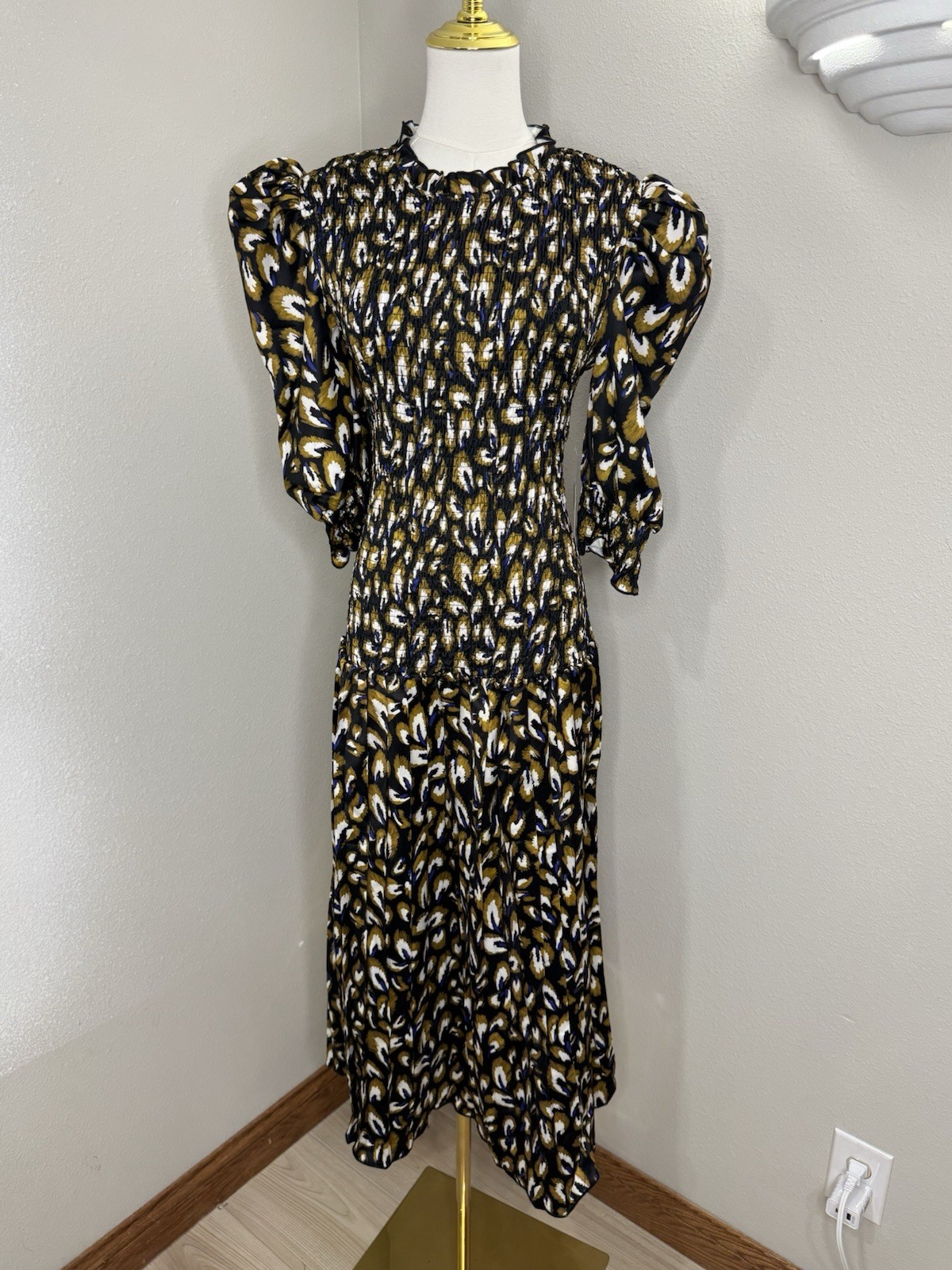 Little Mistress London Dress Womens 10 Smocked Midi Puff Sleeve Printed NWT