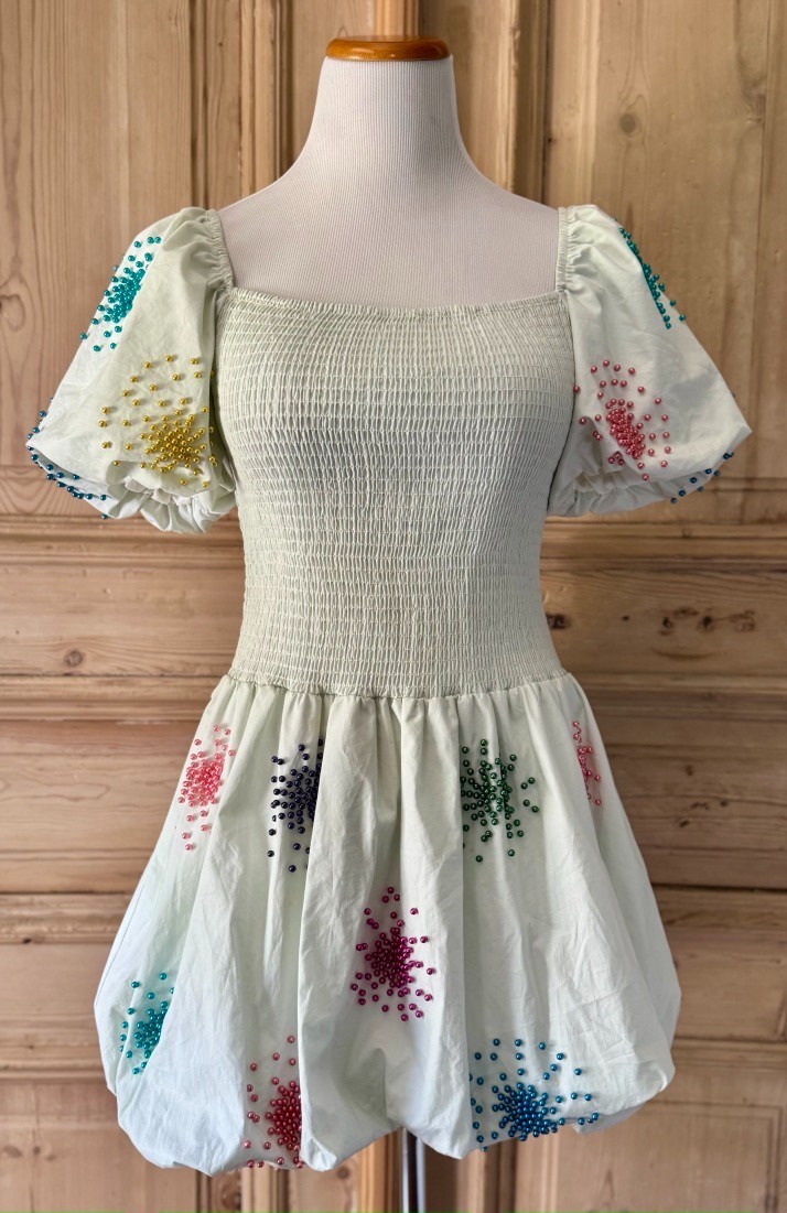 QOS Queen of Sparkles Mint Smocked Rainbow Beaded Burst Bubble Dress Medium M