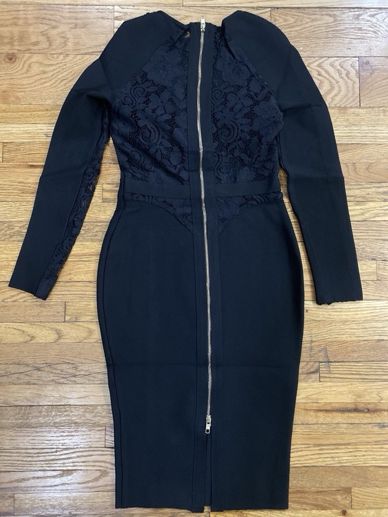 Black Lace Long Sleeve Bodycon Midi Evening Dress