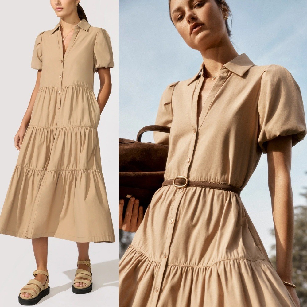 Brochu Walker The Havana Dress Medium Sahara Tan Tiered Midi Shirtdress
