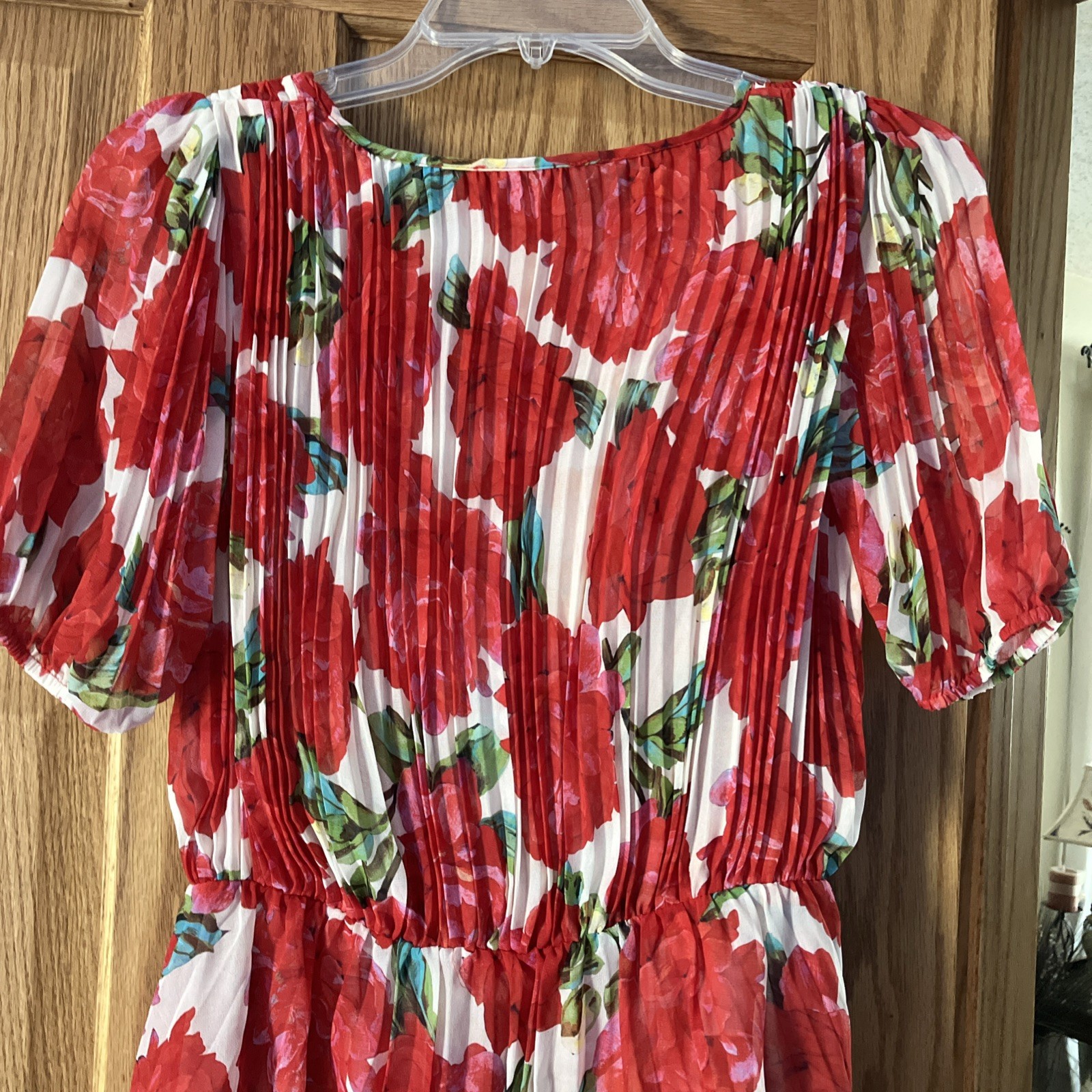 NWT The Kooples Red Floral Roses Pleated Midi Dress Handkerchief Hem Sz 2 PRETTY