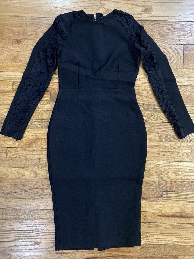 Black Lace Long Sleeve Bodycon Midi Evening Dress