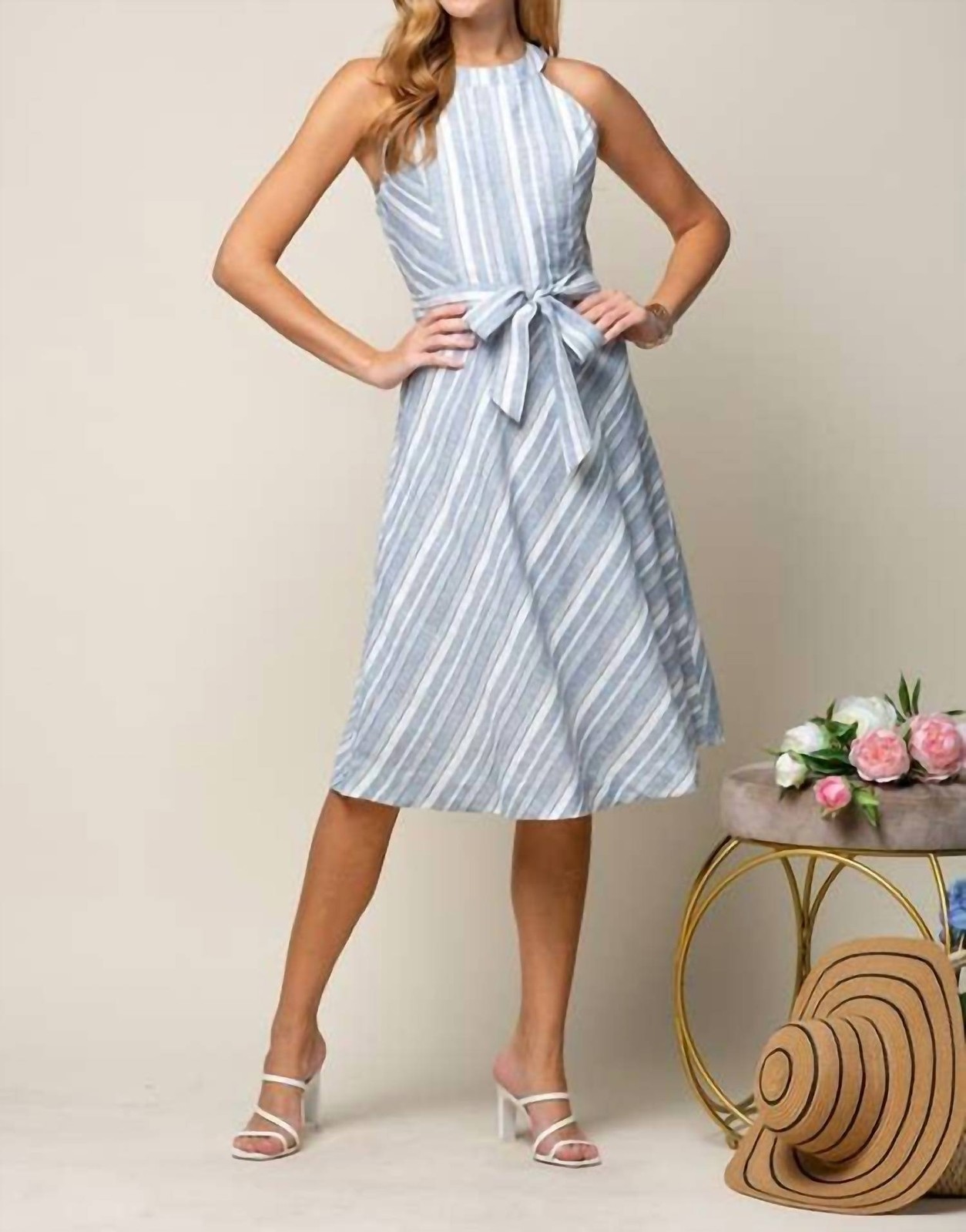 Doe And Rae Halter Neck Multiple Stripe Midi Dress Size L