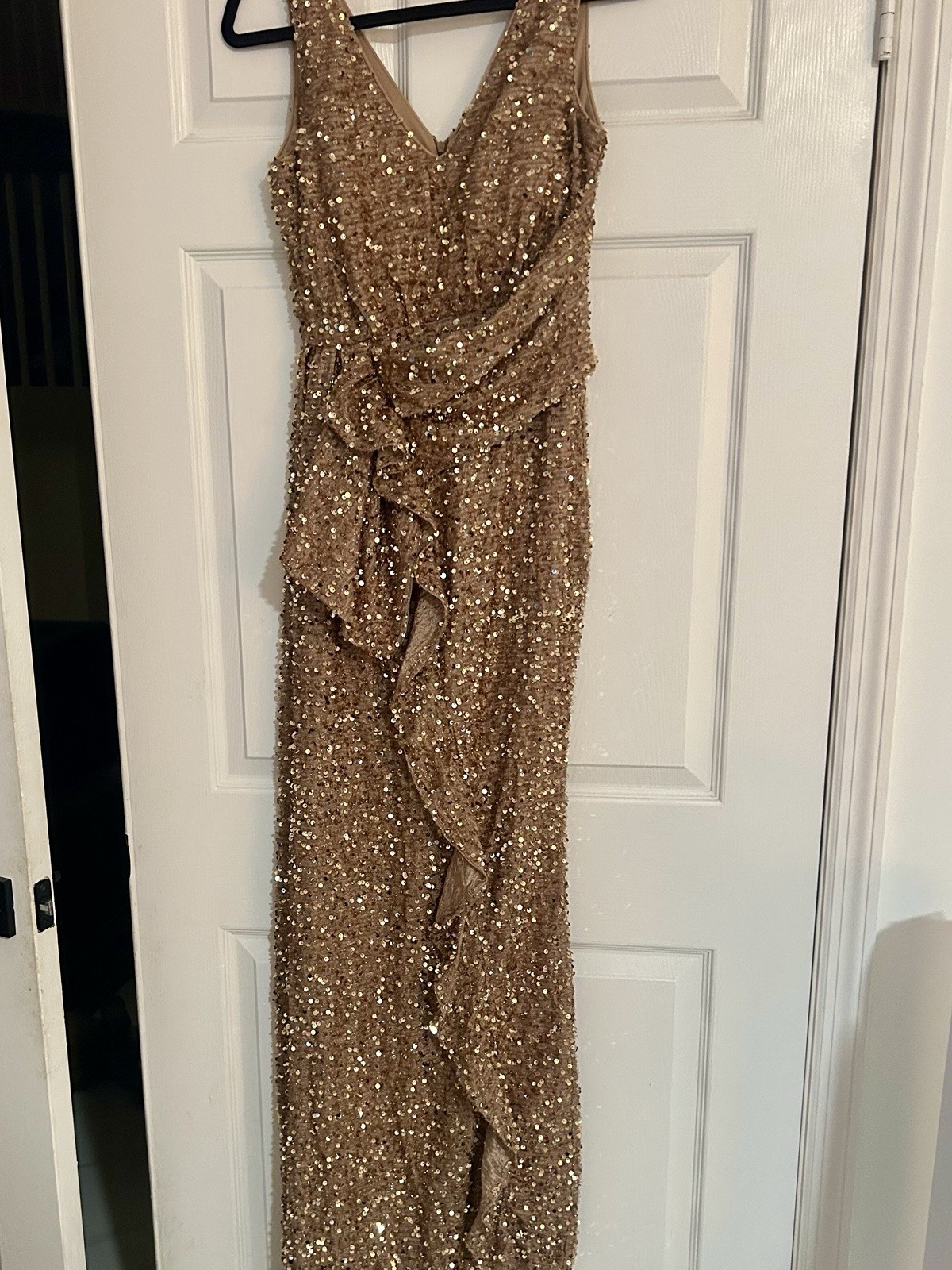 Draped Asymmetric Party Dress Prom Evening GOLD V Neck Ruched S Sequined Ruffle