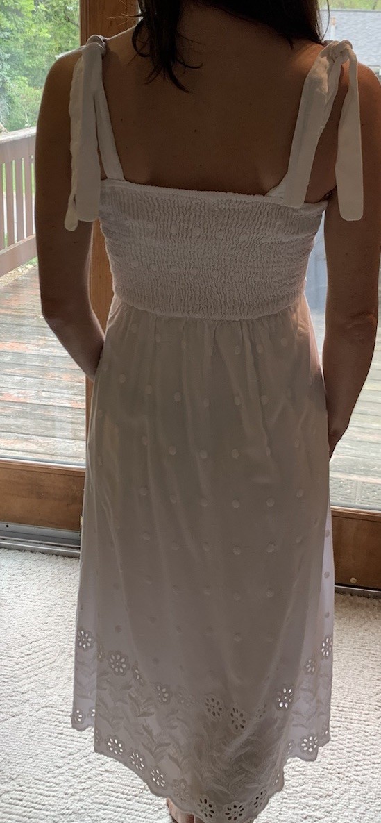White summer long cotton eyelet dress tie sleeveless scalloped design edge Sm