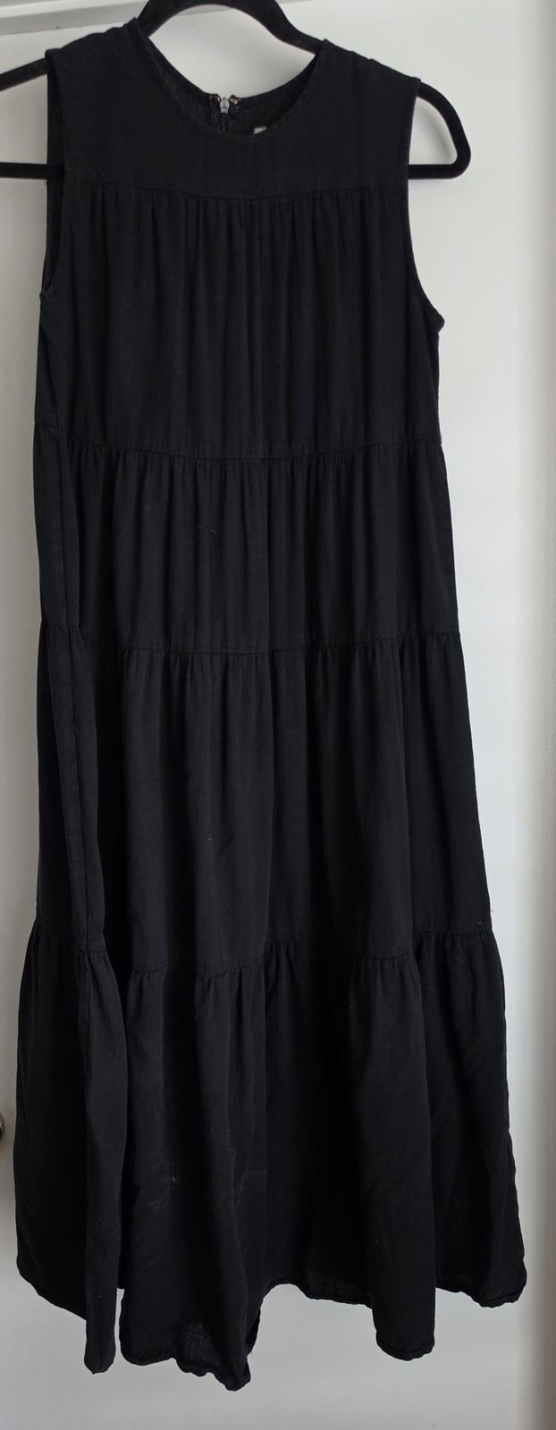 MOD REF Black Cotton Maxi Dress – Sleeveless Tiered Prairie Dress – Small