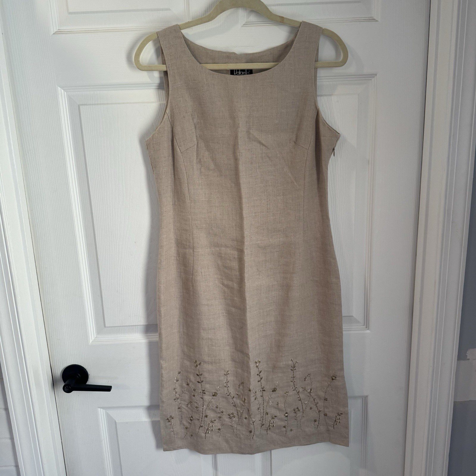 Vtg Rafaella 100% Linen Sheath Dress Womens 8 Oatmeal Sleeveless Minimalist 90s