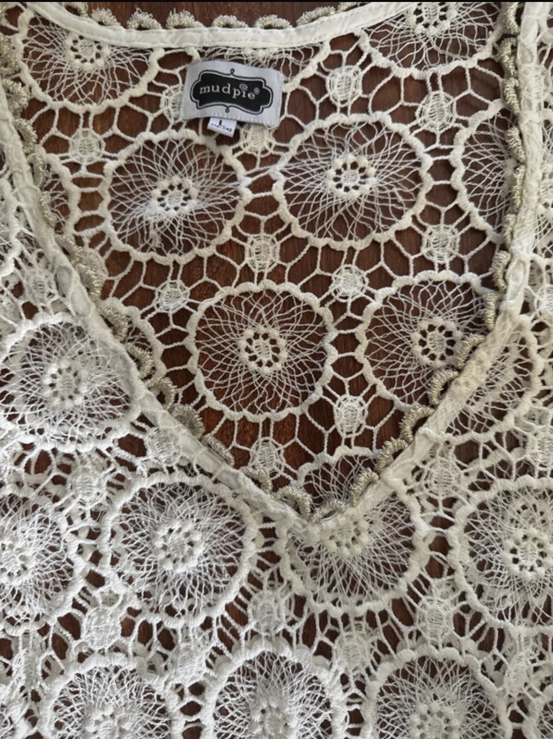 Mud Pie White Sheer Crochet Lace Shift Dress V-Neck 3/4 Sleeve Short L