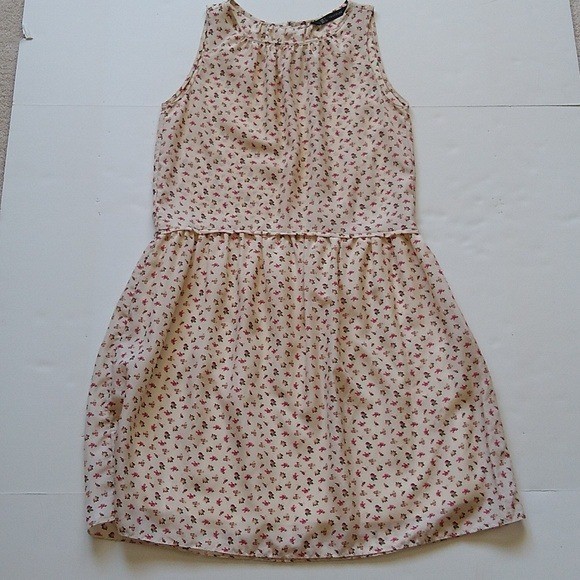 Zara Trafaluc Floral Ditsy Print Sleeveless Drop Waist Mini Dress Cream Small