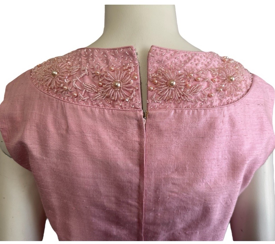 Vintage Pink Hand Beaded Cocktail Dress | Pearls Silk | 60’s Jackie O Glam