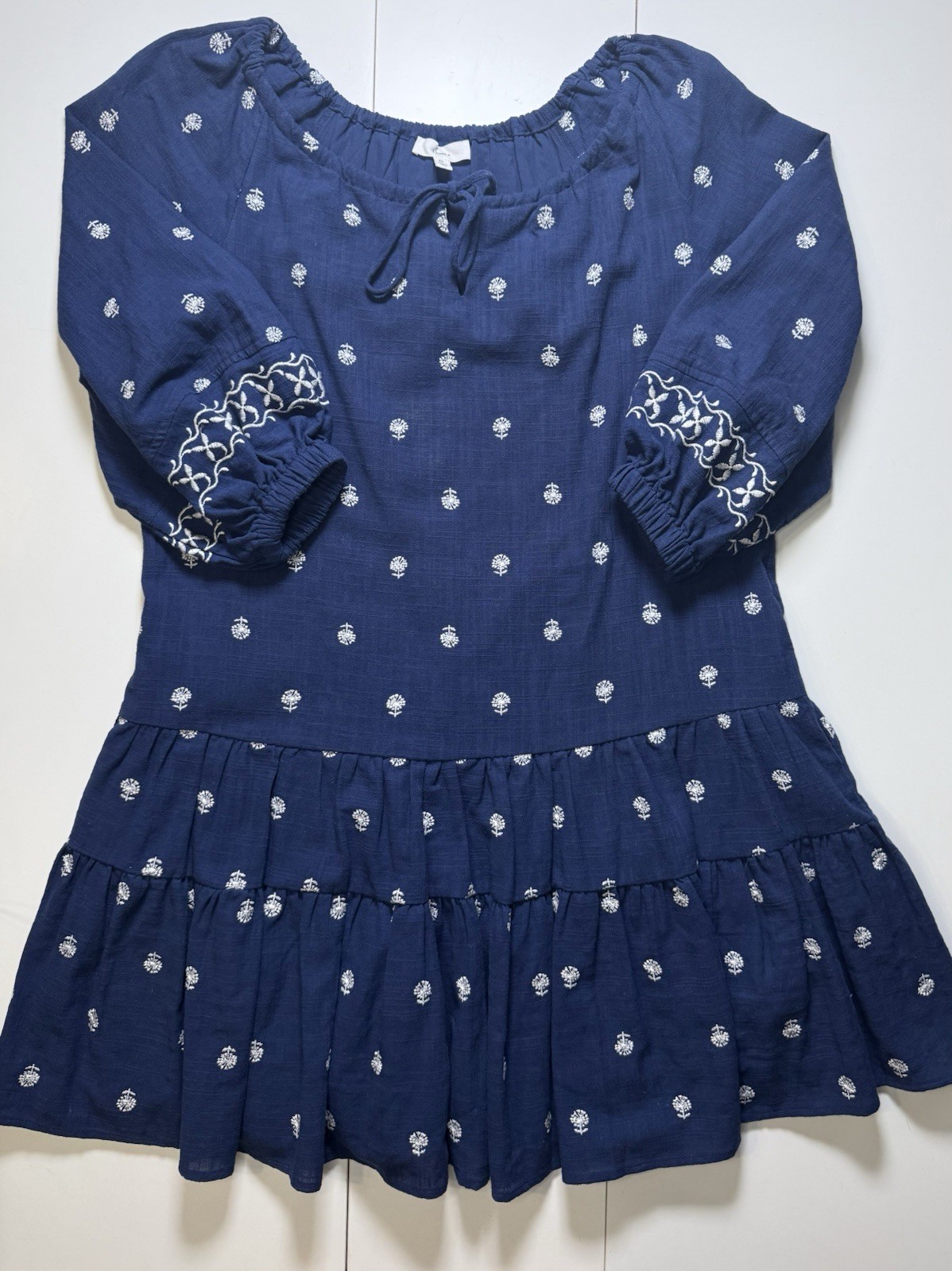 A Loves A XS Navy Blue Embroidered Cotton Peasant Dress Lined Pockets Boho puff