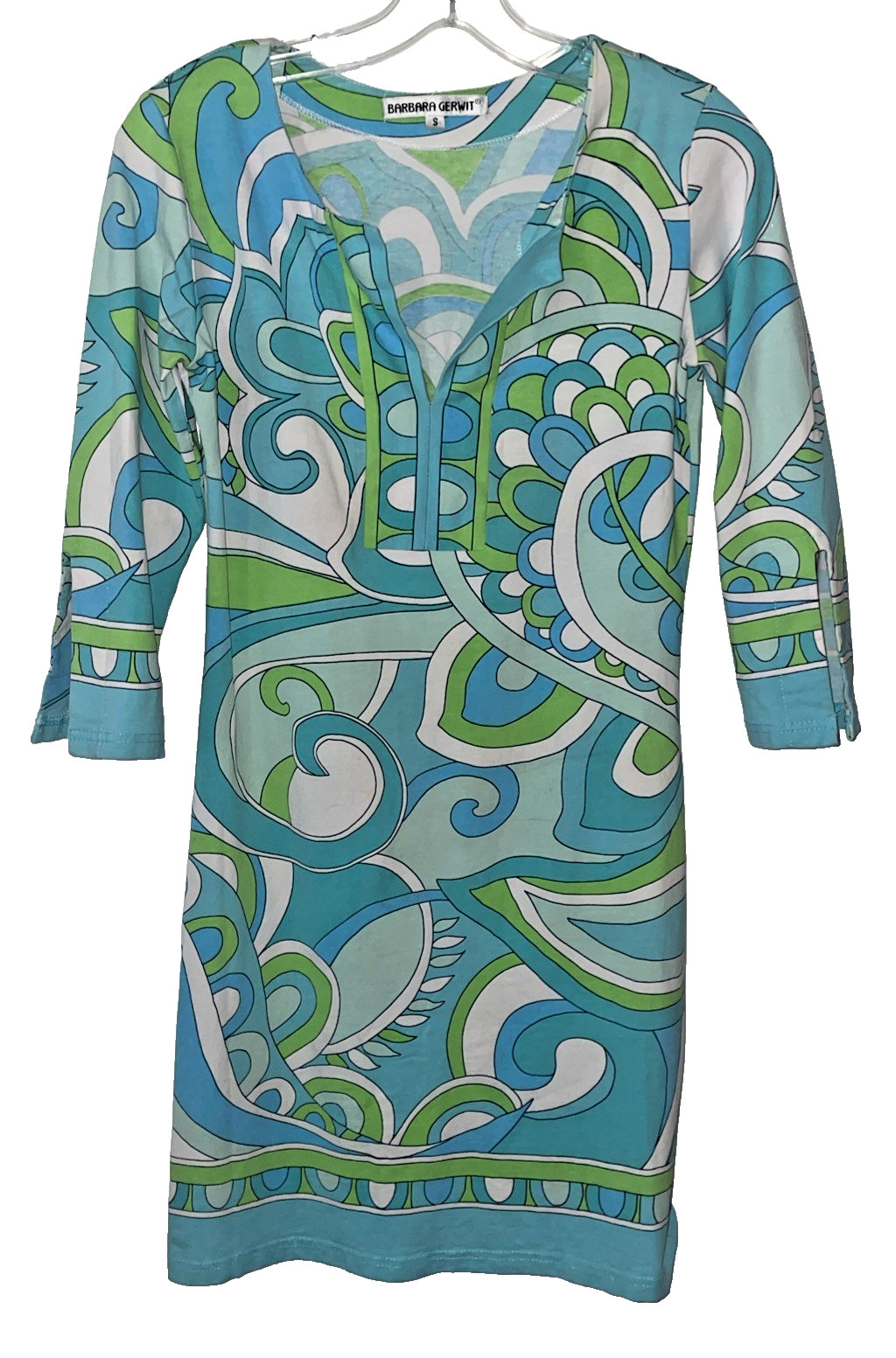 Women’s Barbara Gerwit Green,Blue & White V Neck With 3/4 Sleeves, Dress Size S