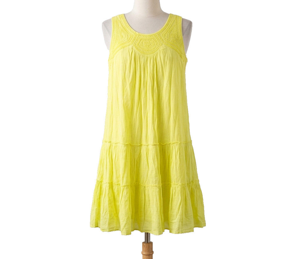 Klozlyne Dress Womens Small Neon Yellow Embroidered Boho Summer Sundress