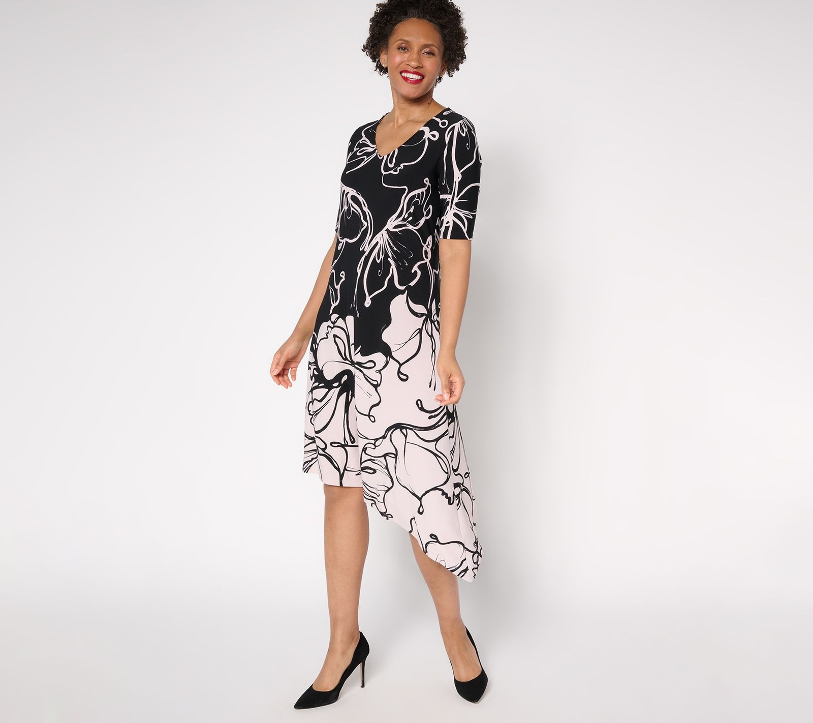Dennis Basso Petite Printed Caviar Crepe Dress w/ Asymmetric Hem Black/Beige 1X