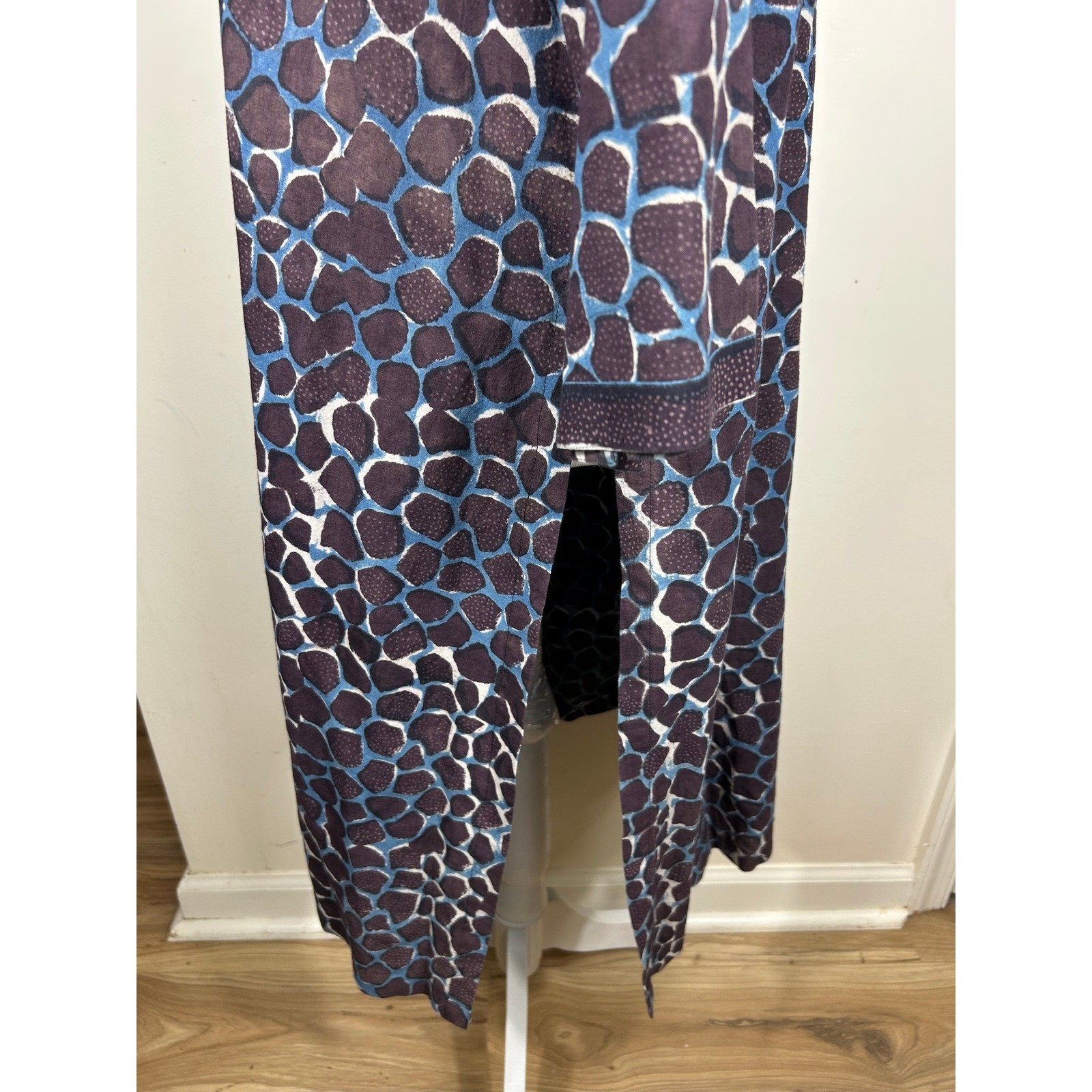 Anokhi Tunic Dress L Indigo Giraffe Block Print Cotton Kurta L/S BOHO Chic Artsy