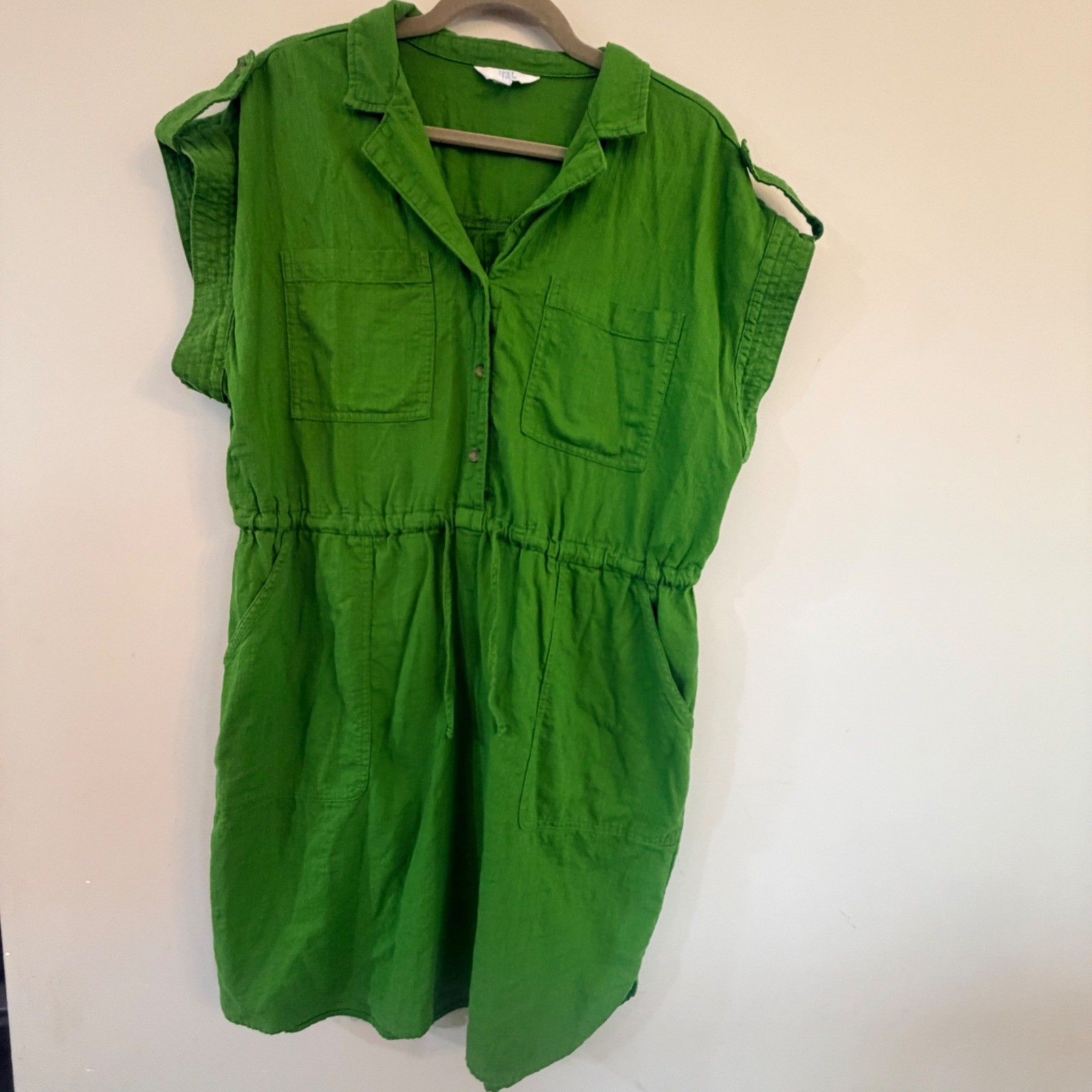 Cotton Shirt Dress Women XL Green Drawstring Waist Utility Minimalist Capsule