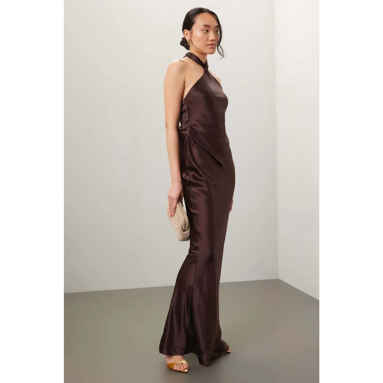 Retrofete Ester Brown Satin Tie Back Sheath Formal Dress, Prom Wedding Guest L