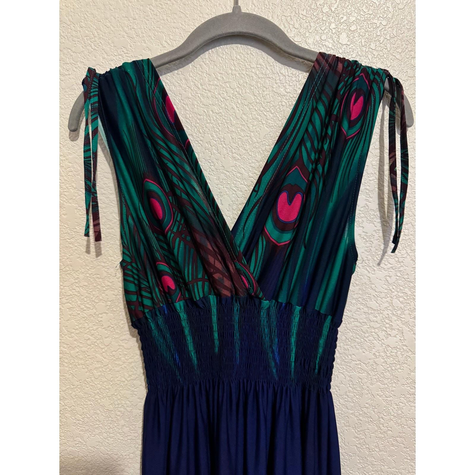 Raya Sun Navy Teal Peacock Feather Maxi Dress Smocked Fairy Whimsigoth Size L