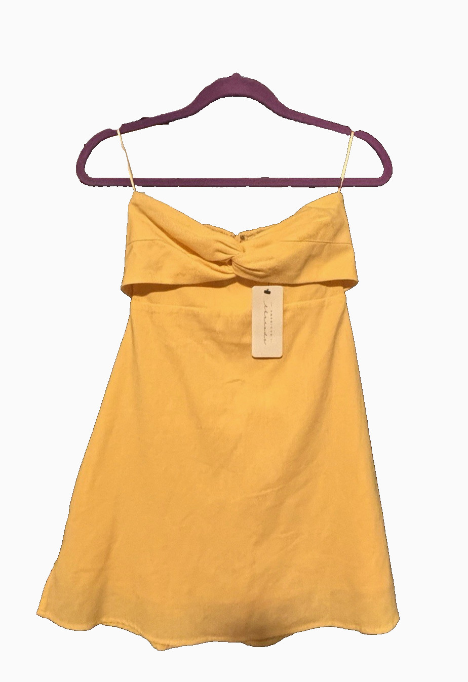 NWT American Threads Fiona Yellow Twist Front Linen Mini Dress Strapless Small