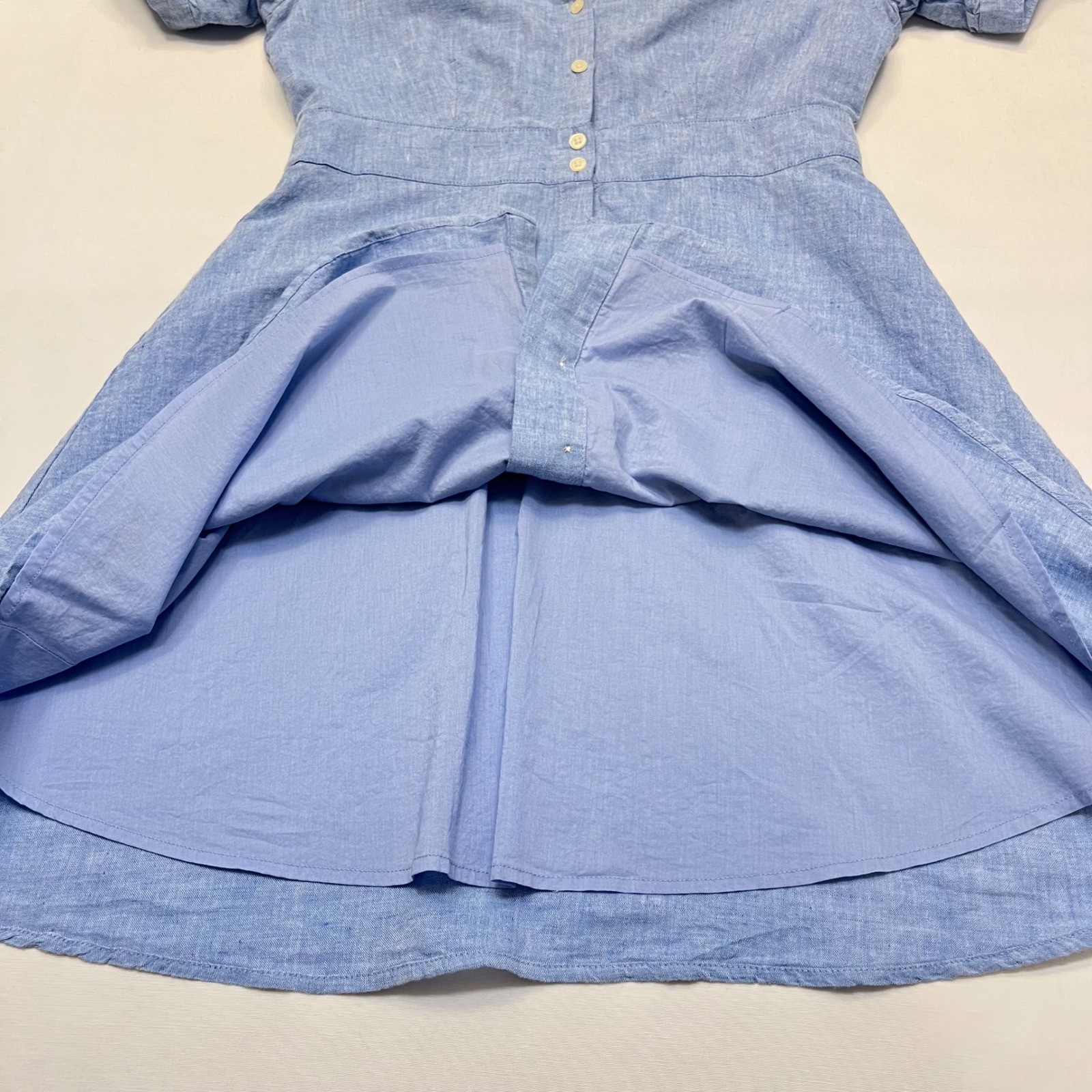 Gap Blue Linen Blend Button Front Puff Sleeve Tie Cuff Fit Flare Dress Size 8
