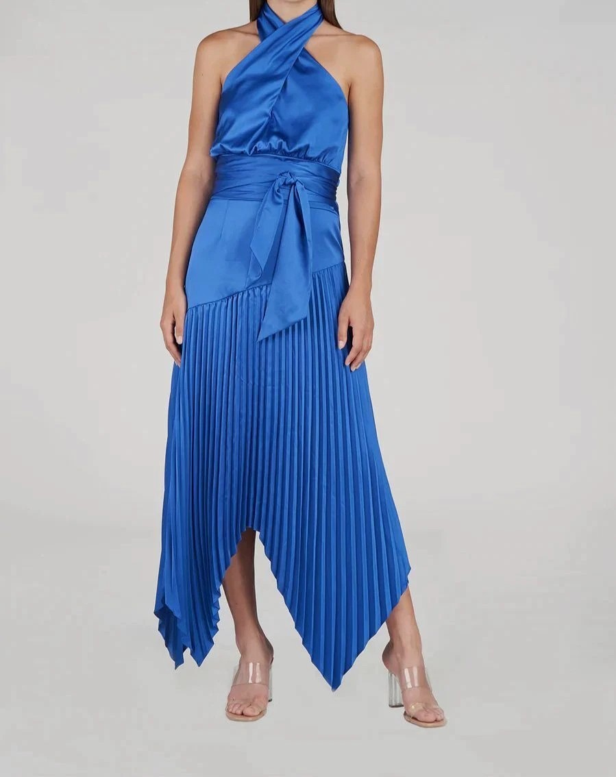 $599 AMUR Women’s Blue Halter Neck Pleated Charmeuse Dress Size 12