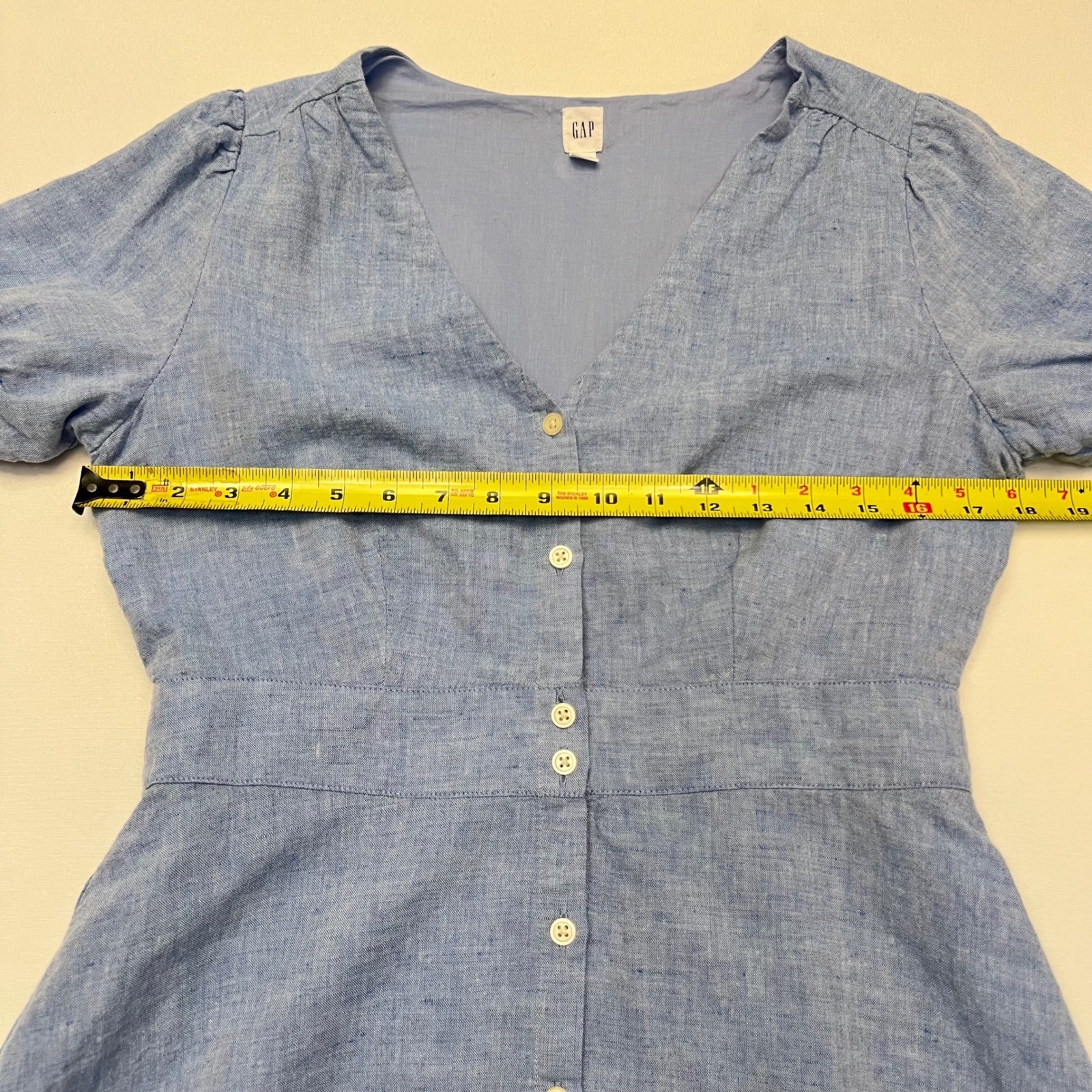 Gap Blue Linen Blend Button Front Puff Sleeve Tie Cuff Fit Flare Dress Size 8