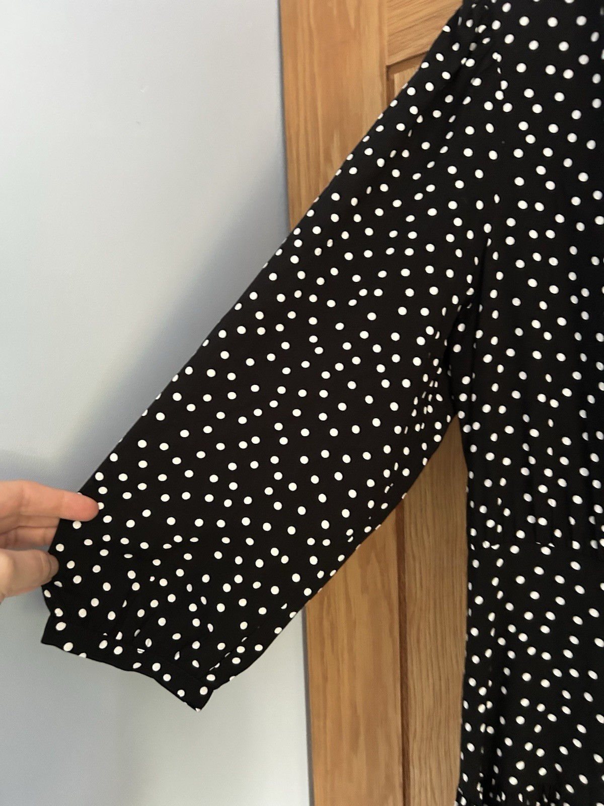 Albaray Polka Dot Midi Dress Size 14 Black White V Neck 3/4 Sleeves