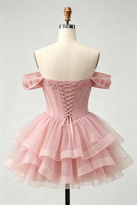 3D Floral Tulle Homecoming Dresses Short Beaded DAMA Dresses for Quinceanera
