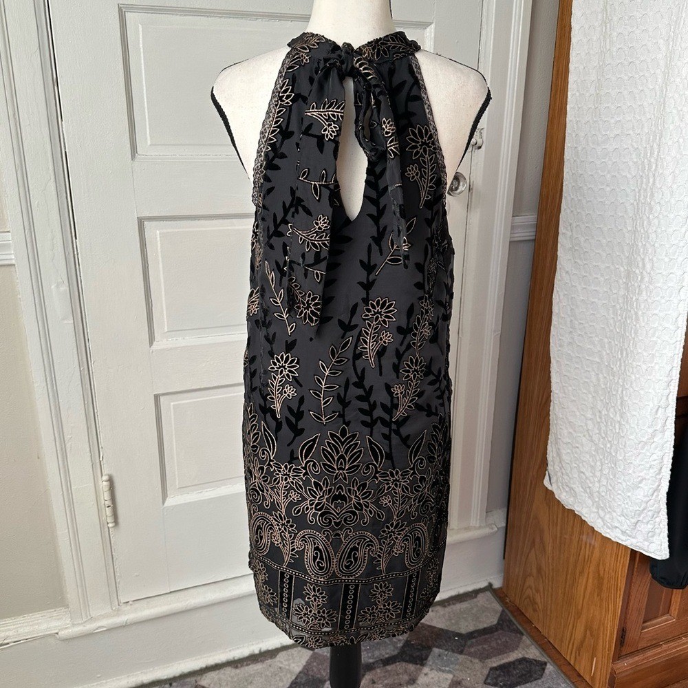Lost + Wander Merci Gold & Black Velvet Floral Burnout Dress Halter Neckline M